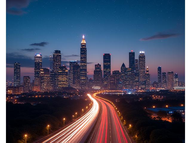 Houston skyline at dusk with subtle nebulae overlay, representing its role in space economy
