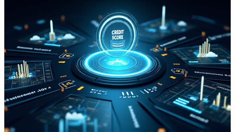 AI credit scoring dashboard displaying metrics for a space company with data points like mission success rate and technical capabilities