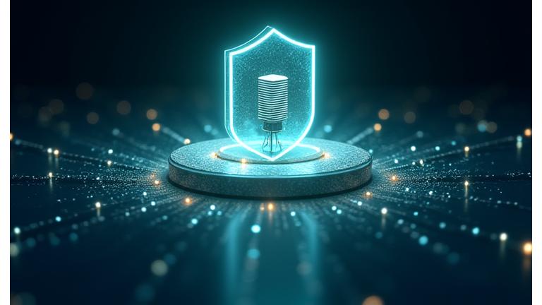 Illustration of smart contract based insurance with space assets and blockchain concepts intertwined