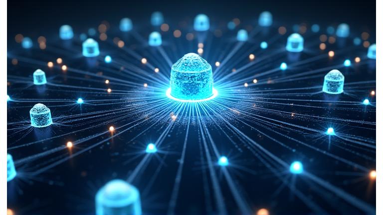 Stylized representation of interconnected enterprise systems and data streams with AI analyzing risk metrics