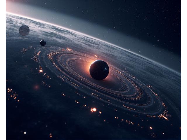 3D visualization of orbital paths with financial data overlay, showing trajectories and projected asset values