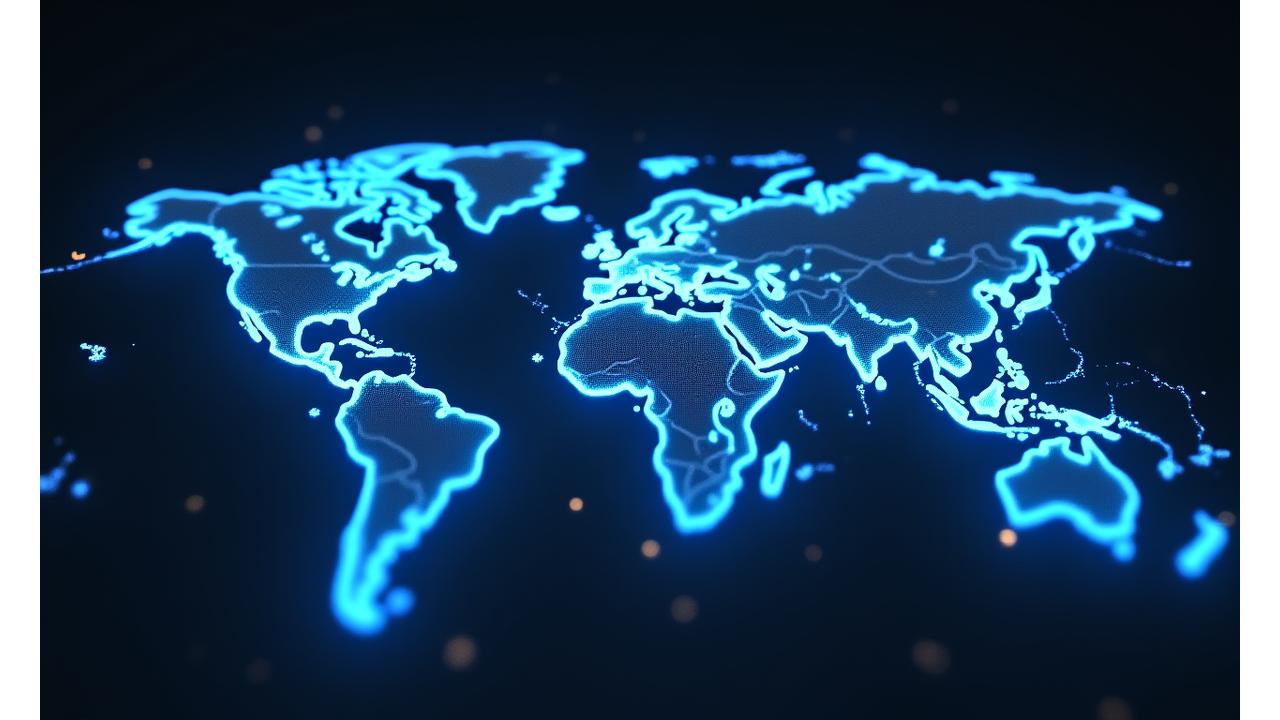 Interactive holographic world map with glowing points representing Avantis's global client locations and service hubs, integrated with subtle orbital paths