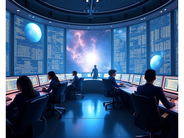 Futuristic mission control center with multiple screens displaying cosmic data and financial analytics, manned by focused professionals