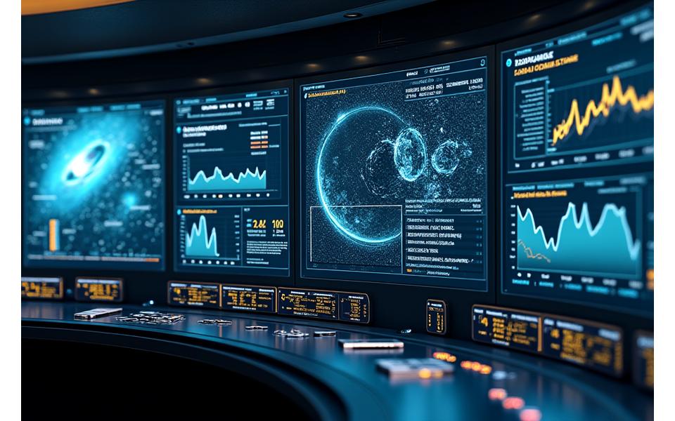 A sophisticated mission control-style dashboard displaying real-time data feeds from space agencies and DeFi protocols, with customizable widgets and alerts.