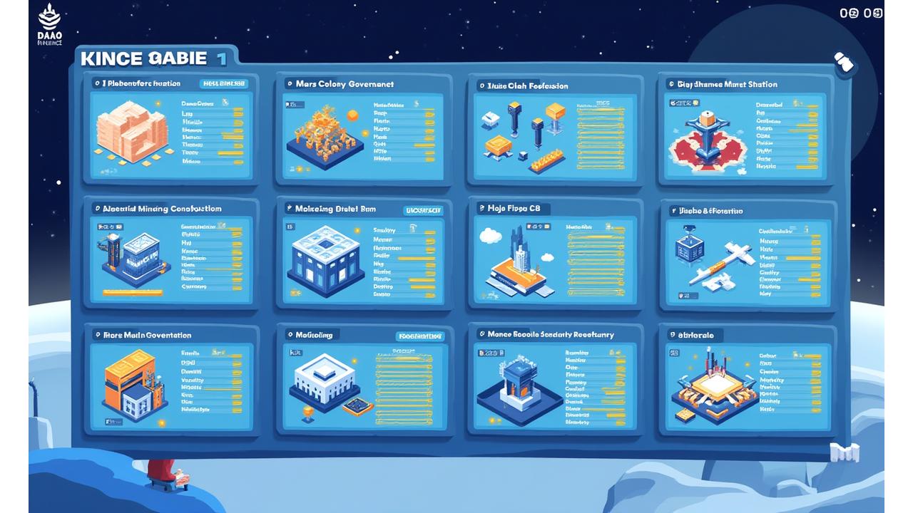 A gallery showcasing various DAO templates, including 'Mars Colony Governance,' 'Asteroid Mining Consortium,' and 'Orbital Research Station,' each with unique icons and brief descriptions.