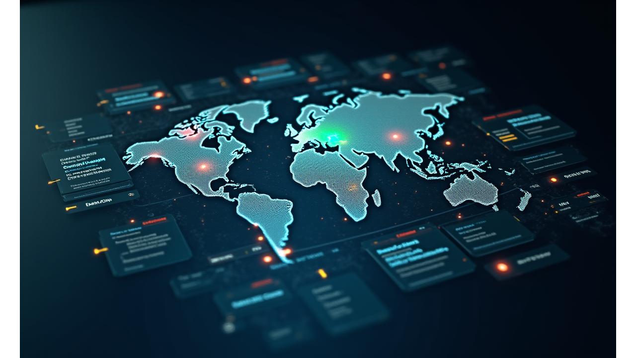 A sleek compliance dashboard showing a global map highlighting various space law jurisdictions with green and red indicators for compliance status. Data visualizations indicate regulatory risk.

