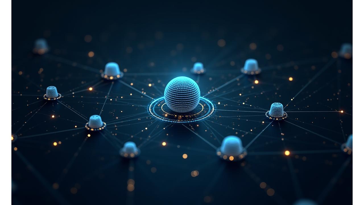 Complex DAO architecture diagram showing interconnected nodes across planets, representing multi-planetary governance with communication delay solutions.