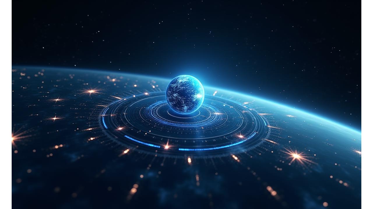 Panoramic view of cosmic-inspired DeFi interface with orbiting planets representing tokenized assets and yield statistics