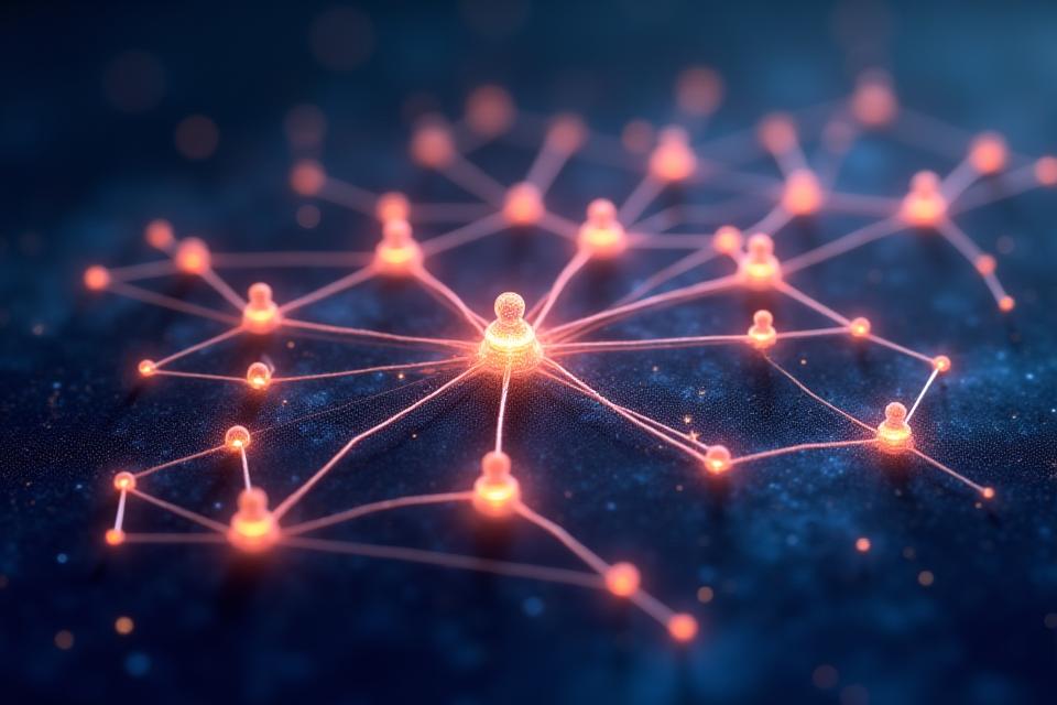Conceptual image of team members' profiles arranged as a constellation with connecting lines, against a subtle cosmic background