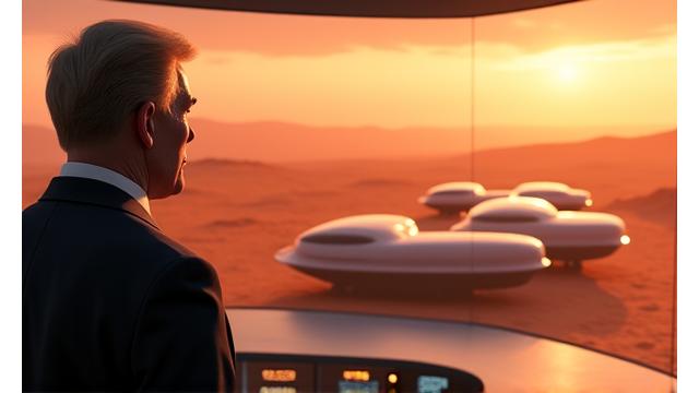 Visual of Mars Transport Union President speaking from a red planet setting