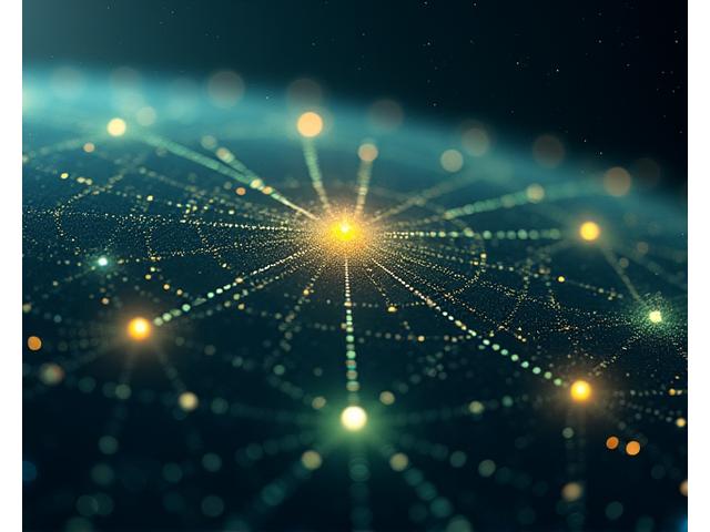 Abstract network graph showing glowing nodes representing planets like Earth, Mars, and Jupiter's moons, interconnected by secure, encrypted data streams and blockchain symbols.