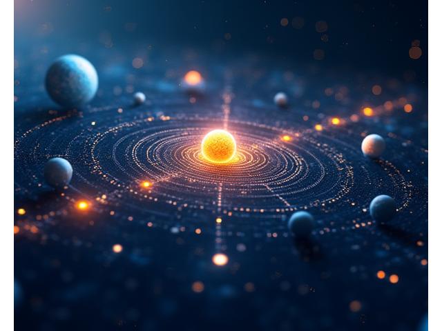 Interactive 3D model of the solar system with glow effects highlighting Earth, Moon, Mars, and asteroid belts, representing asset distribution.