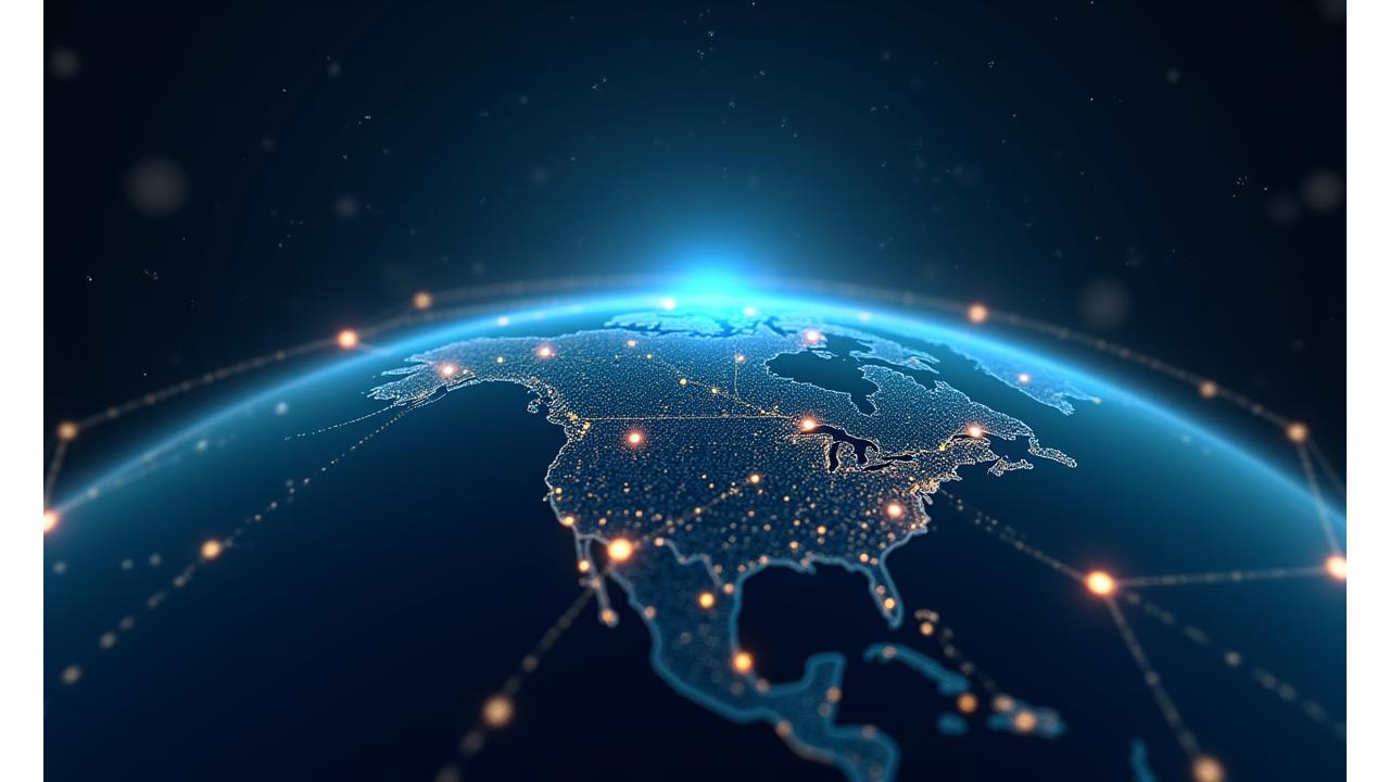 Stylized global map with highlighted trade routes and blockchain nodes connecting Earth to orbital and lunar points