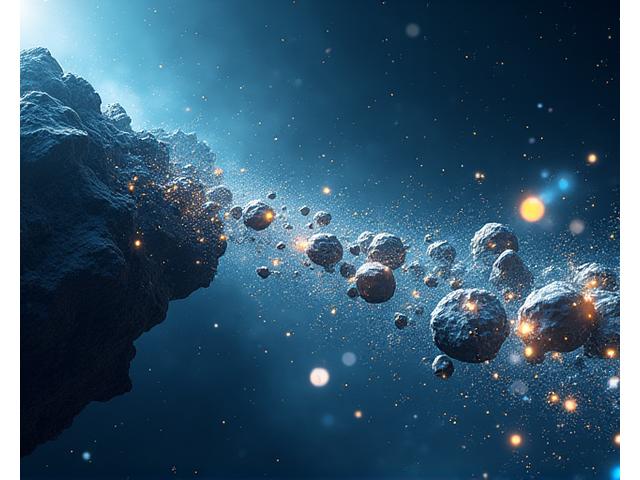 Illustration of an asteroid transforming into digital tokens flowing into a distributed ledger