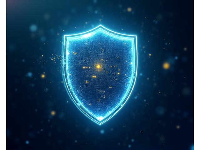 Abstract glowing shield icon protecting blockchain nodes and digital assets in a cosmic setting