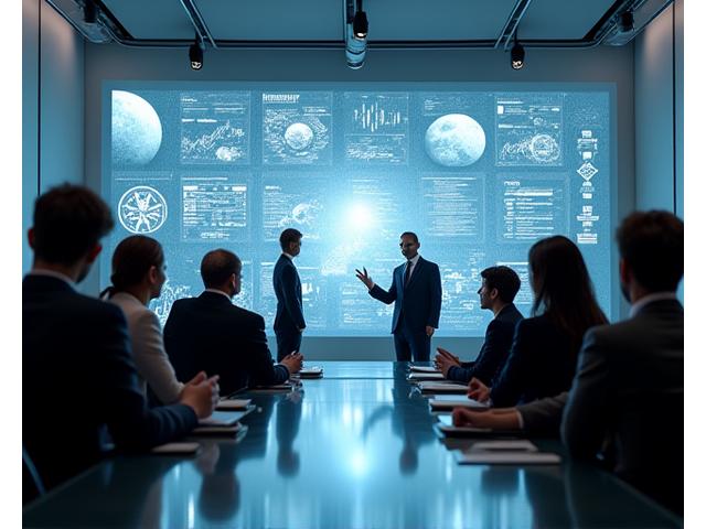 Executives in a modern, sleek conference room discussing holographic projections of financial data related to space assets, symbolizing high-level institutional solutions.