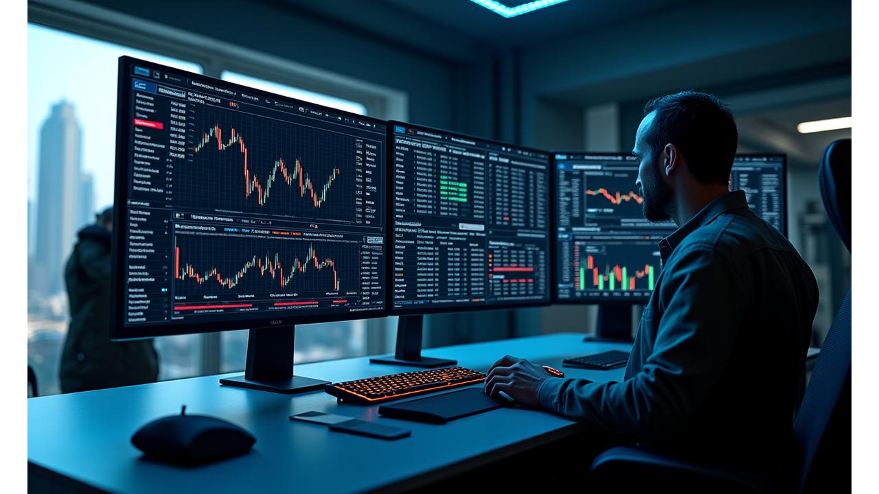 A highly detailed, multi-screen trading workstation showing complex financial graphs, order books, and strategy configuration panels, with a subtle futuristic space backdrop.