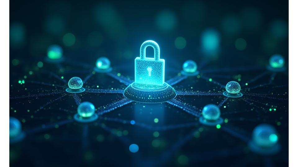 Illustration of a secure blockchain network protecting financial data against a cyber background.