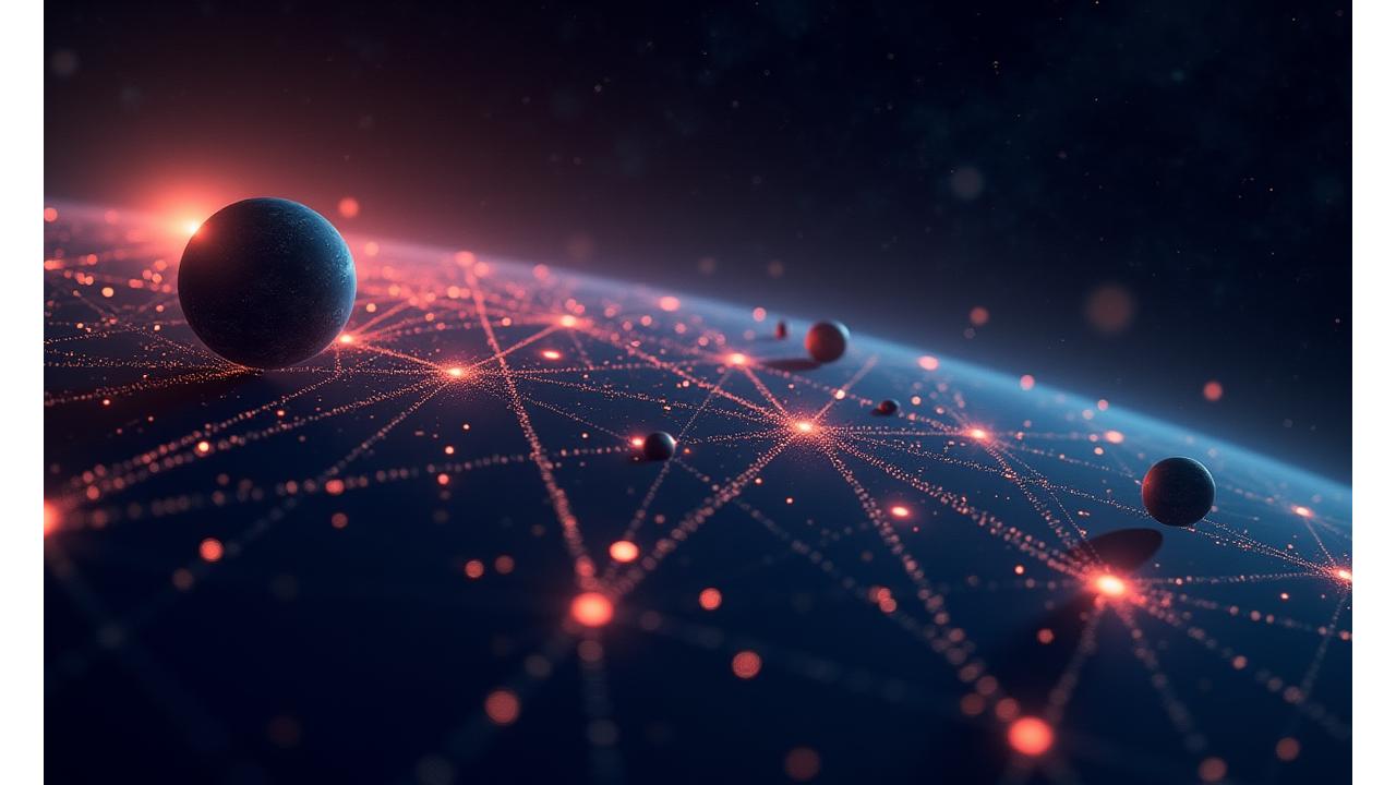 Interactive celestial map showing planets and asteroids connected by glowing lines representing cross-chain liquidity paths. Each celestial body is an active liquidity pool with details like Mars Habitat Construction Token Pools (67% APY) and Asteroid Mining Futures and icons for 'join' options.