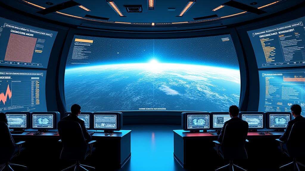 High-tech mission control dashboard with multiple holographic screens displaying real-time portfolio tracking, predictive analytics based on mission schedules, tax optimization tools, and custom alert configurations for yield opportunities in space. Stars and nebulae visible through a large viewport, enhancing cosmic theme.