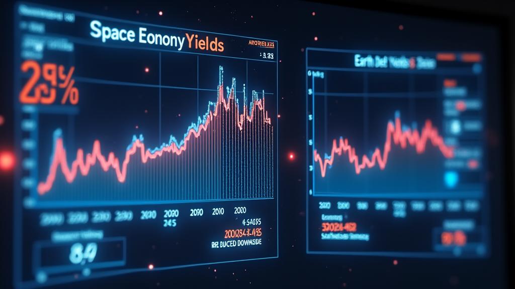 Interactive dashboard displaying real-time APY comparisons between space economy tokens and Earth DeFi protocols, with holographic charts showing orbital yield cycles and mission launch countdowns.
