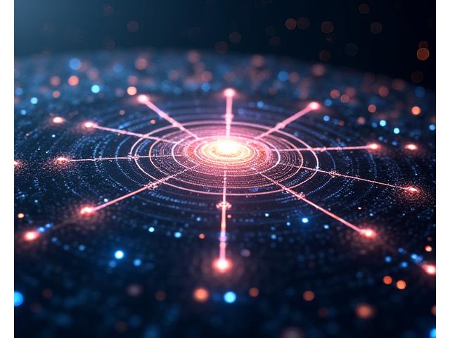 Intricate abstract data visualization of a risk matrix, with glowing nodes representing various space investment risks (mission failure, orbital debris, regulatory changes) and interconnected lines showing smart contract-based mitigation strategies and real-time sensor data feeds for prediction.